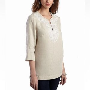 Jones New York Women Tunic Size 1X Linen Embroidered design 3/4 sleeves Comfy